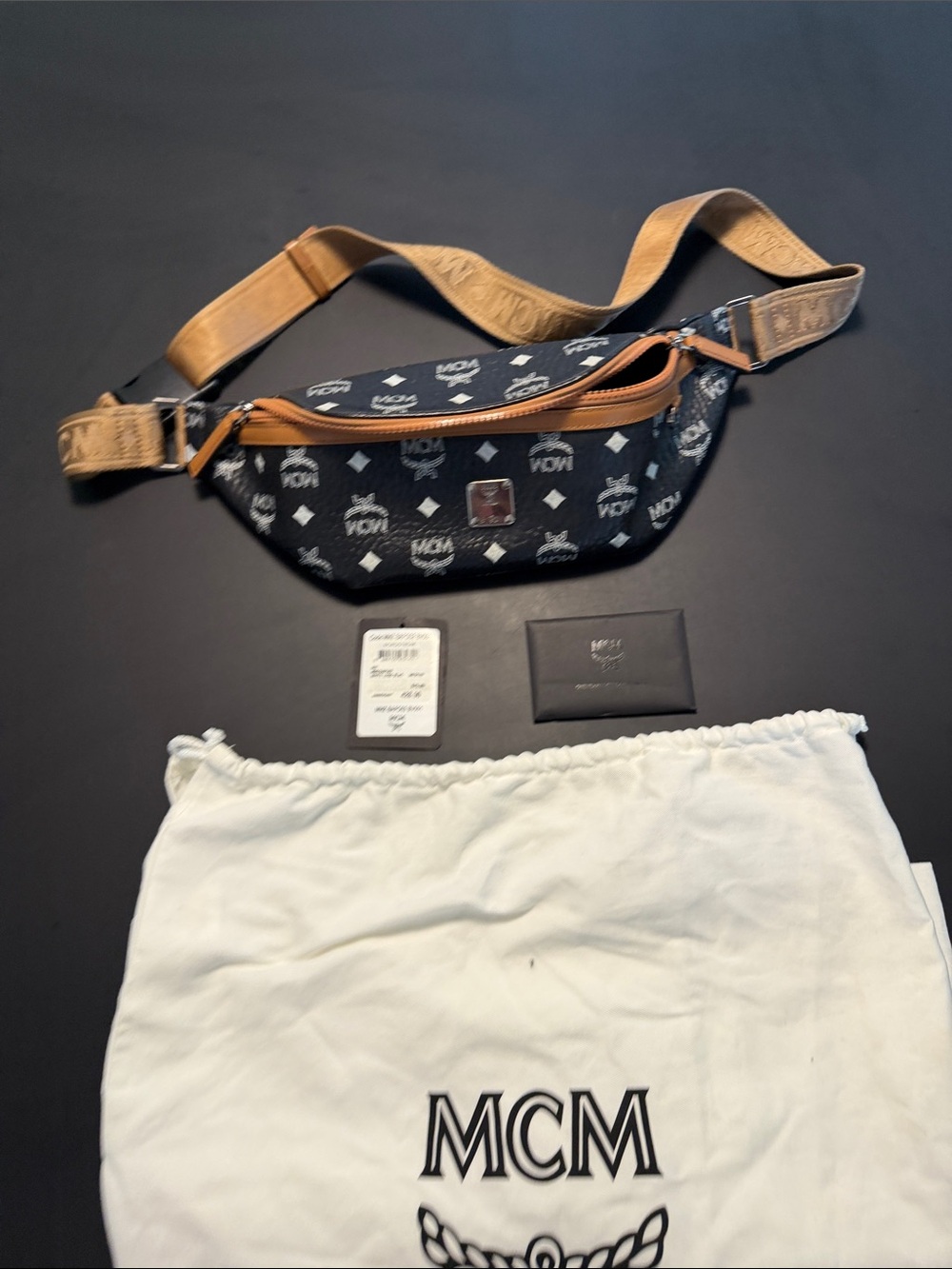 MCM Black Logo Monogram Belt Bag with Brown Strap